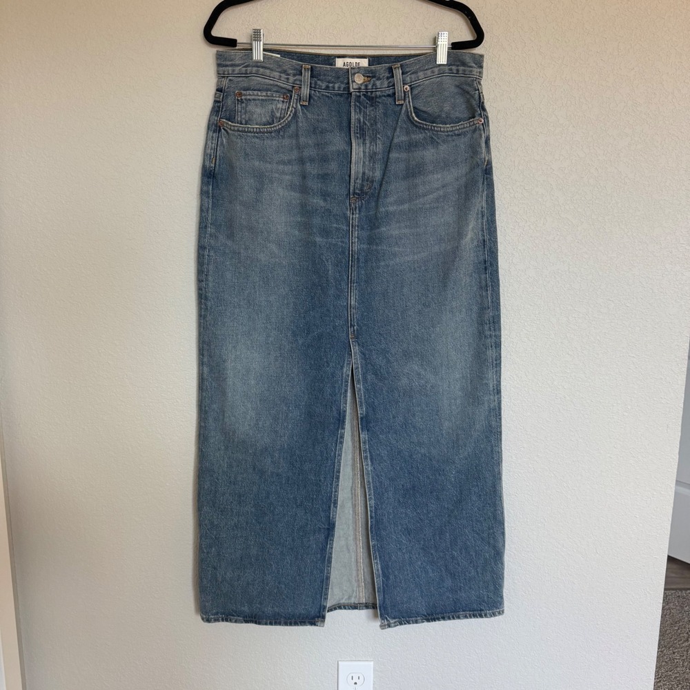 AGOLDE Leif Denim Maxi Skirt 27 Medium Wash Front Slit Western Cottage Jean